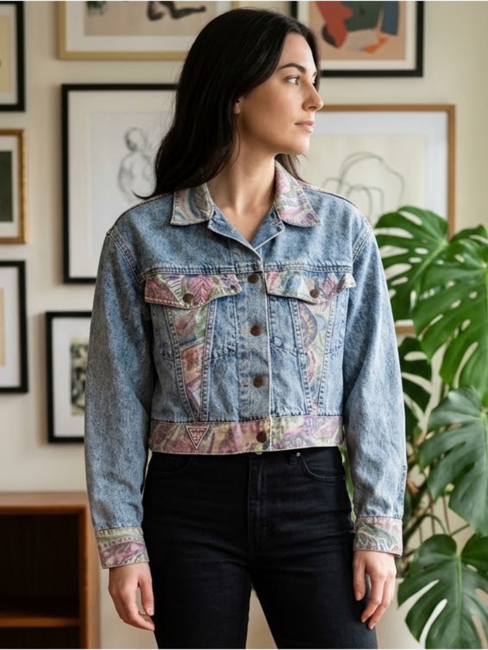 80’s 90’s Vintage JOKKO Blue Denim Jacket Pink Floral Light wash Retro baggy